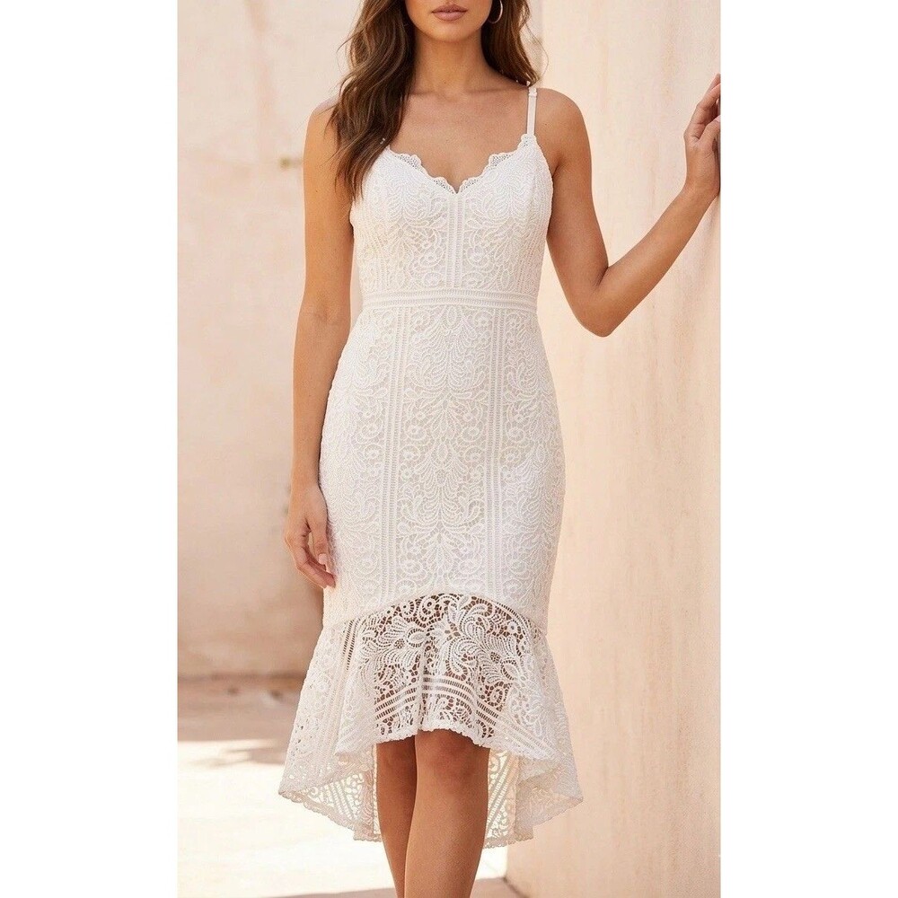 NWT GUESS White Lace Dress Floral Pattern Sleeveless Midi Length Size 12